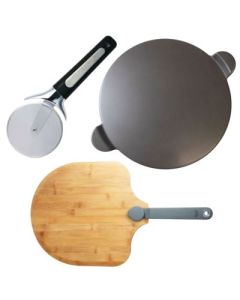 Old Stone Pizza Kitchen - Glazed Pizza Stone, Bamboo Peel, & Pizza Cutter Set